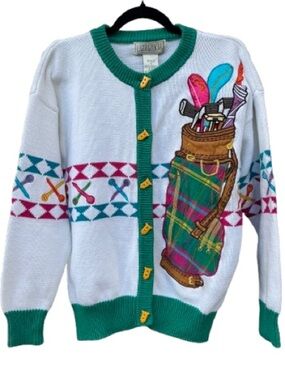 Vintage Lizi Ruch Golf Bag Cardigan Sweater 100% Cotton 90s Grandmacore Sz Small